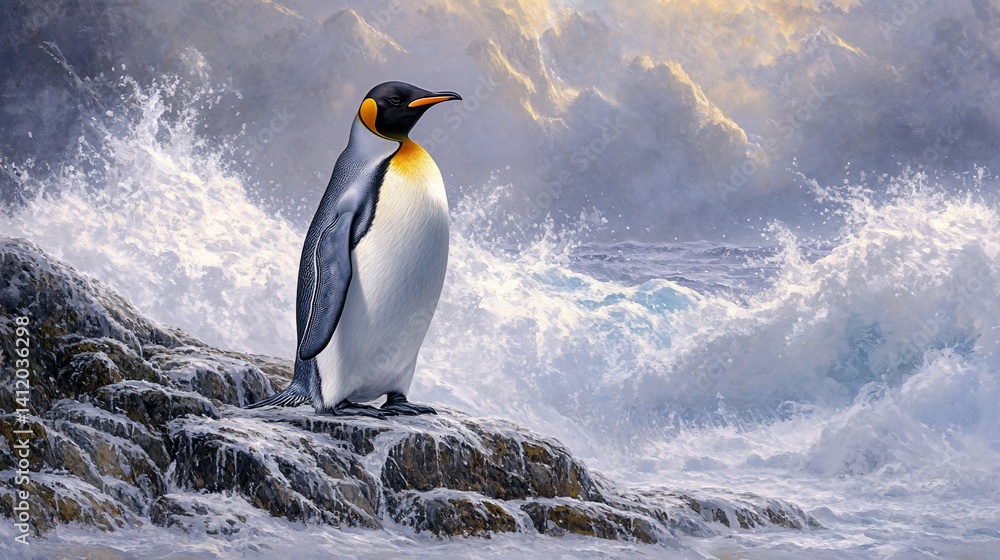 Fototapeta premium King Penguin on Rocky Coast, Antarctic Storm