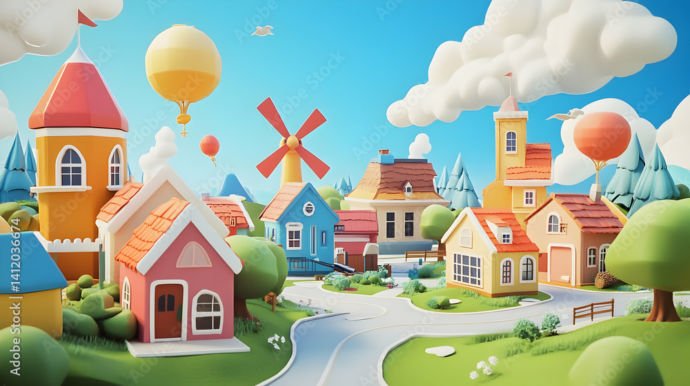 Fototapeta premium Whimsical cartoon village with balloon and windmill under blue sky