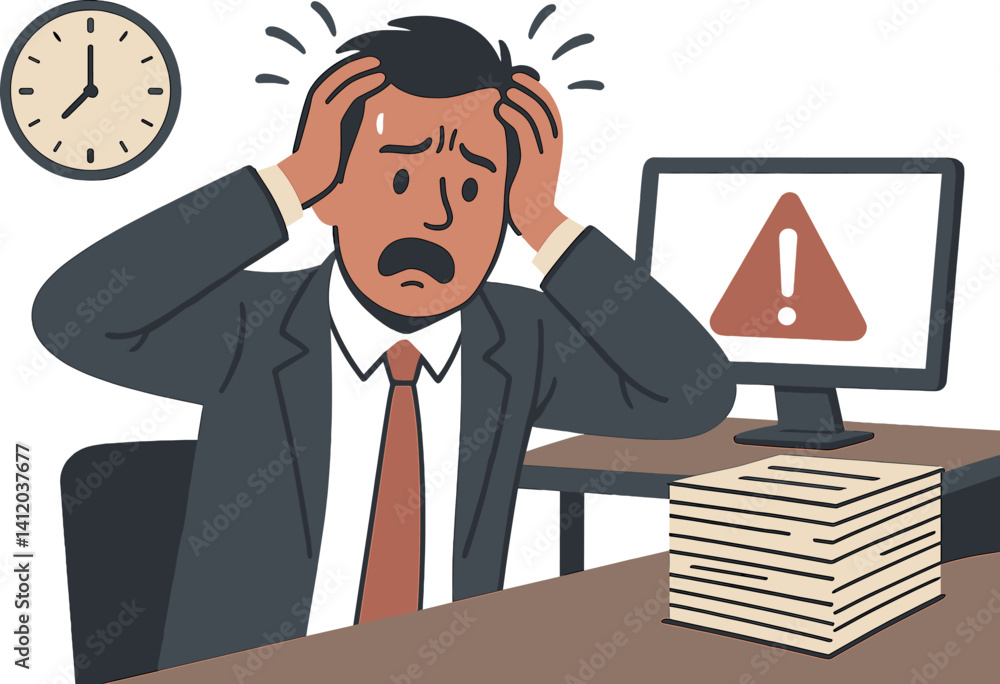 Frustrated businessman at work with error alert and stack of papers Frustrated businessman at work with error alert and stack of papers