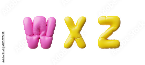 English alphabet uppercase letters W X Z from pink and yellow air inflated balloon 3D vector icon, volume font type sign