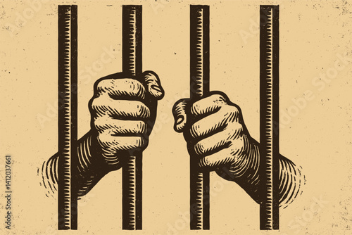 Symbolic representation of hands gripping jail bars for justice and captivity themes