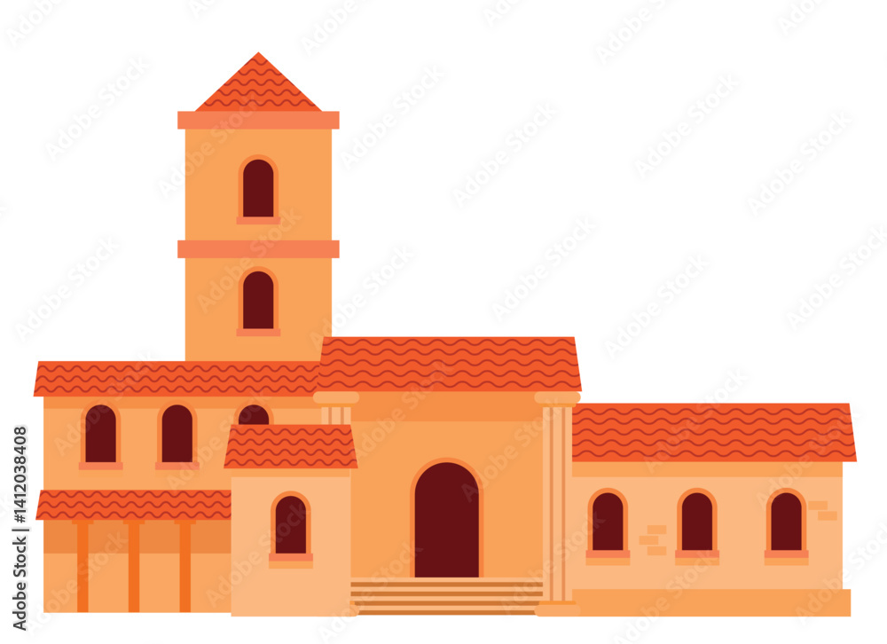 Fototapeta premium Mediterranean Style Building with Red Tiled Roof and Tower in Simple Icon Illustration