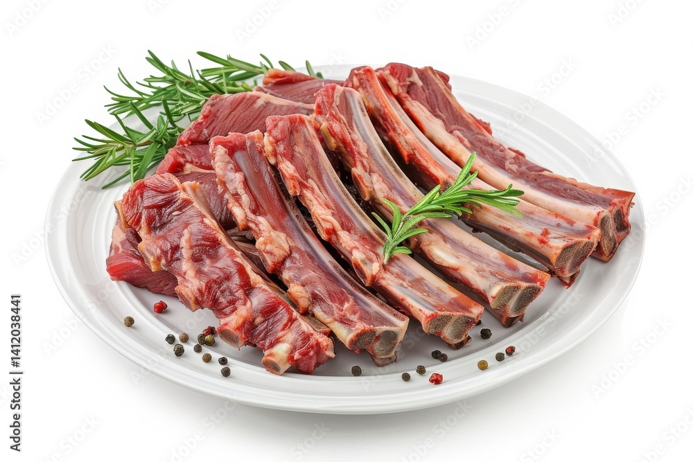 Delicious raw meat ribs garnished with fresh herbs on a clean white plate ready for cooking isolated on transparent background Delicious raw meat ribs garnished with fresh herbs on a clean white plate ready for cooking isolated on transparent background