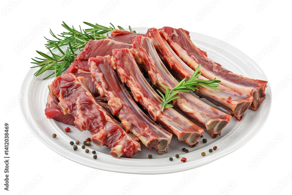 Delicious raw meat ribs garnished with fresh herbs on a clean white plate ready for cooking isolated on transparent background Delicious raw meat ribs garnished with fresh herbs on a clean white plate ready for cooking isolated on transparent background