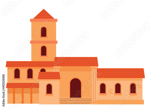 Mediterranean Style Building with Red Tiled Roof and Tower in Simple Icon Illustration