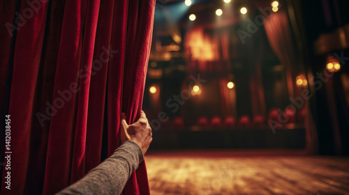 Obraz na płótnie A hand gently pulls aside a rich red curtain, unveiling a dimly lit theater. The wooden floor shines under warm stage lights, and rows of empty seats create an atmosphere of anticipation w salonie