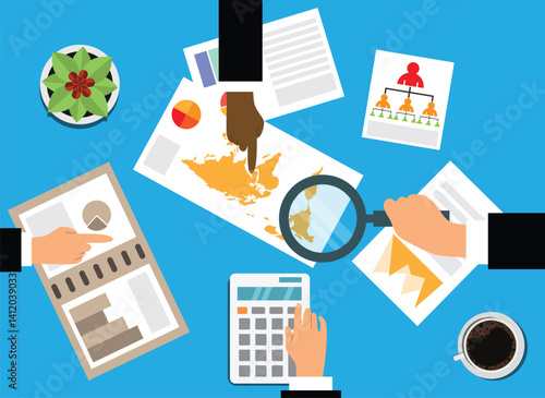 Business People Exploring Sales Graphs at the Table Top View. People at work and activities vector art