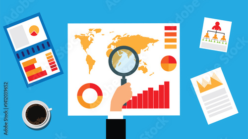Hand of Business Man with Magnifying Glass Exploring Sales Graph. People at work and activities vector art