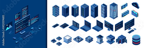 Set of isometric computer technology. Isometric set server equipment. Modern technology concept for cloud computing. Isometric technology
