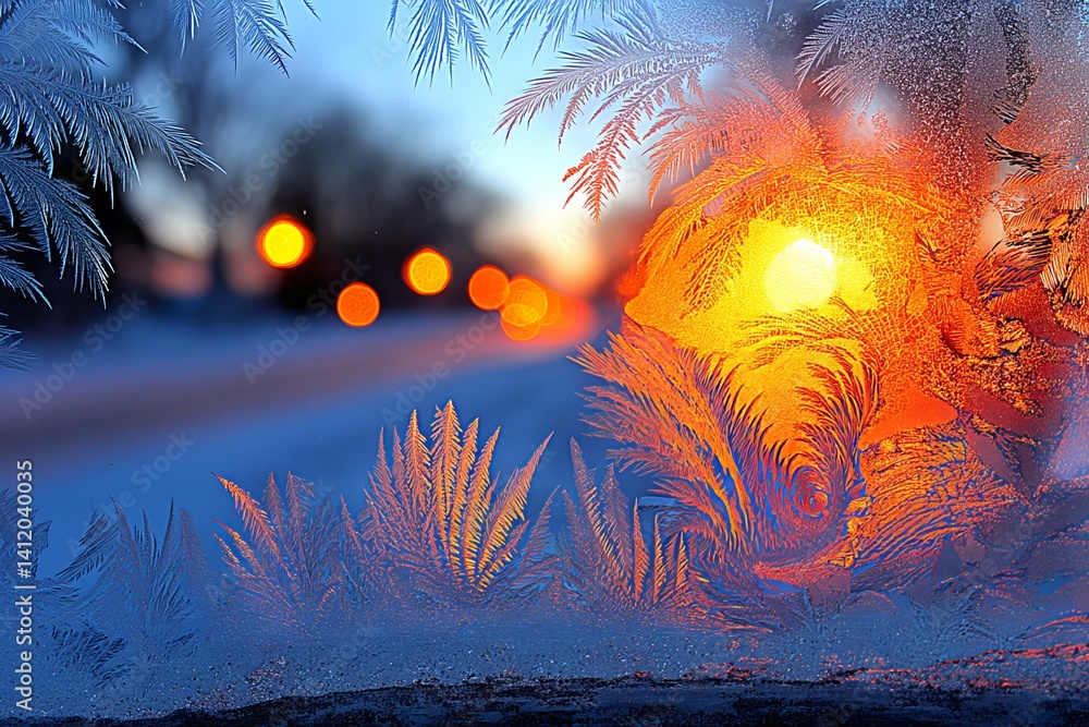 Fototapeta premium Beautiful sunrise seen through frosty window with colorful winter landscape in the background