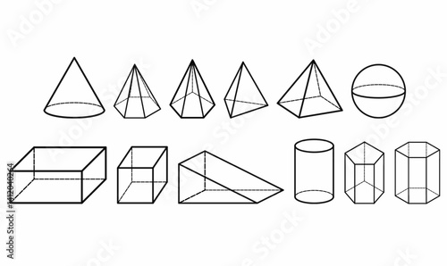 Solid geometry shapes line art set. Includes 3D cone, prism, cylinder, pyramid, cube, and sphere. Perfect for education, design, STEM visuals, and technical projects.