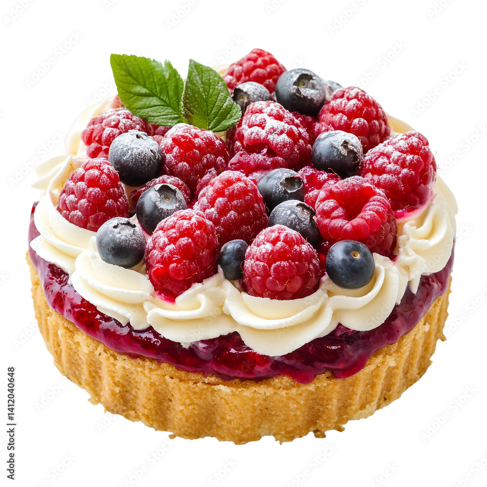 Delicious raspberry cake topped with fresh berries and cream, a sweet bakery dessert perfect for food photography and culinary isolated on white and transparent background Delicious raspberry cake topped with fresh berries and cream, a sweet bakery dessert perfect for food photography and culinary isolated on white and transparent background