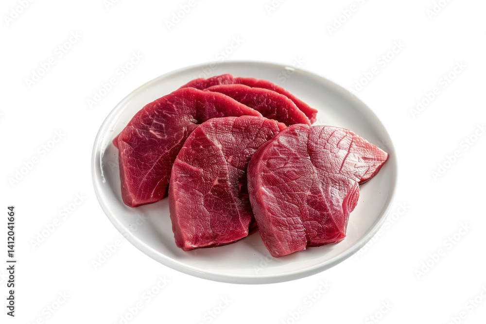 Freshly sliced premium beef cuts arranged elegantly on a white plate ready for culinary creations isolated on transparent background