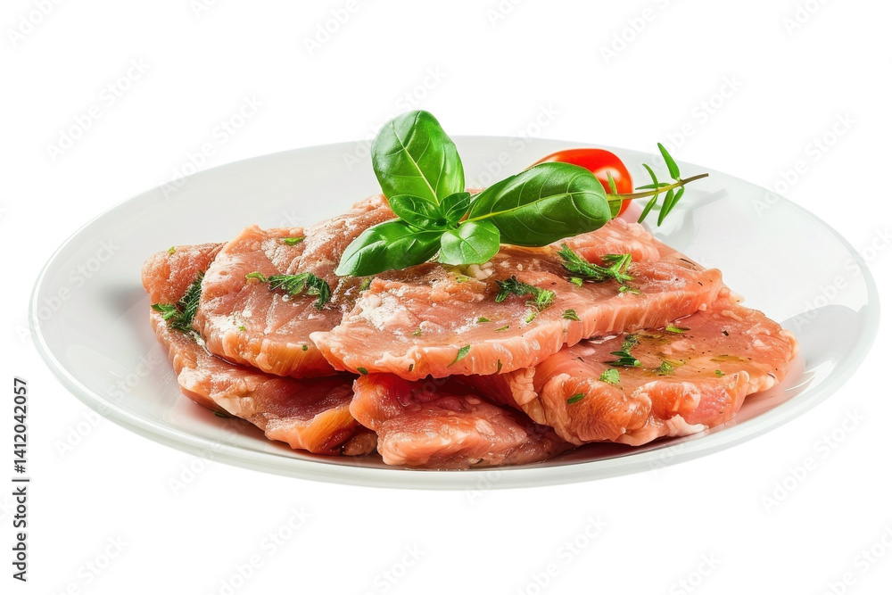 Freshly prepared pork chops garnished with basil and cherry tomatoes on a white plate isolated on transparent background Freshly prepared pork chops garnished with basil and cherry tomatoes on a white plate isolated on transparent background