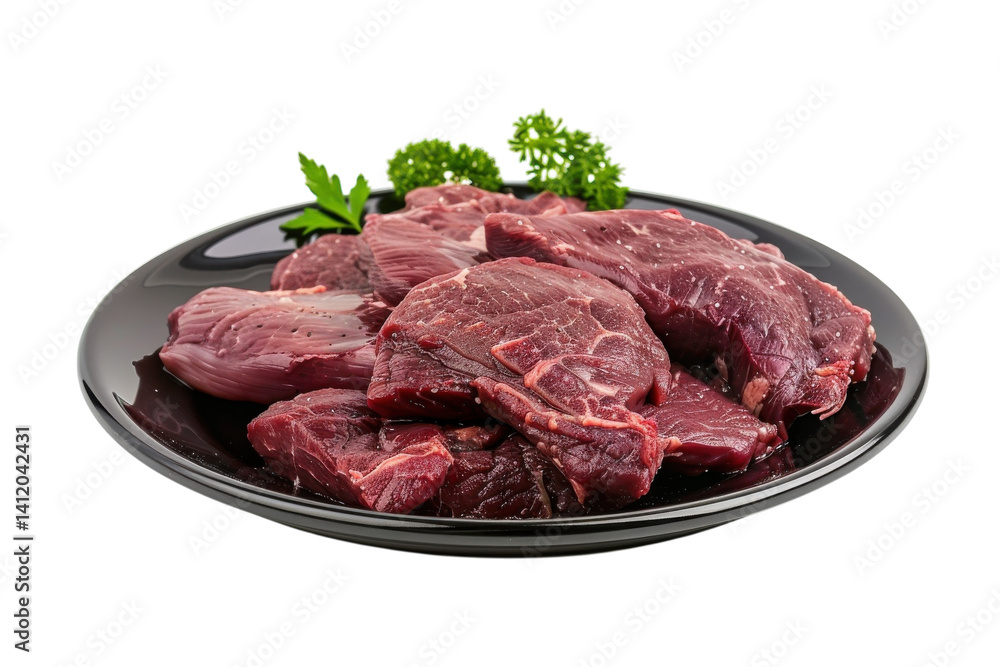 Fresh cuts of premium meat garnished with herbs on a sleek black plate for culinary creativity isolated on transparent background Fresh cuts of premium meat garnished with herbs on a sleek black plate for culinary creativity isolated on transparent background
