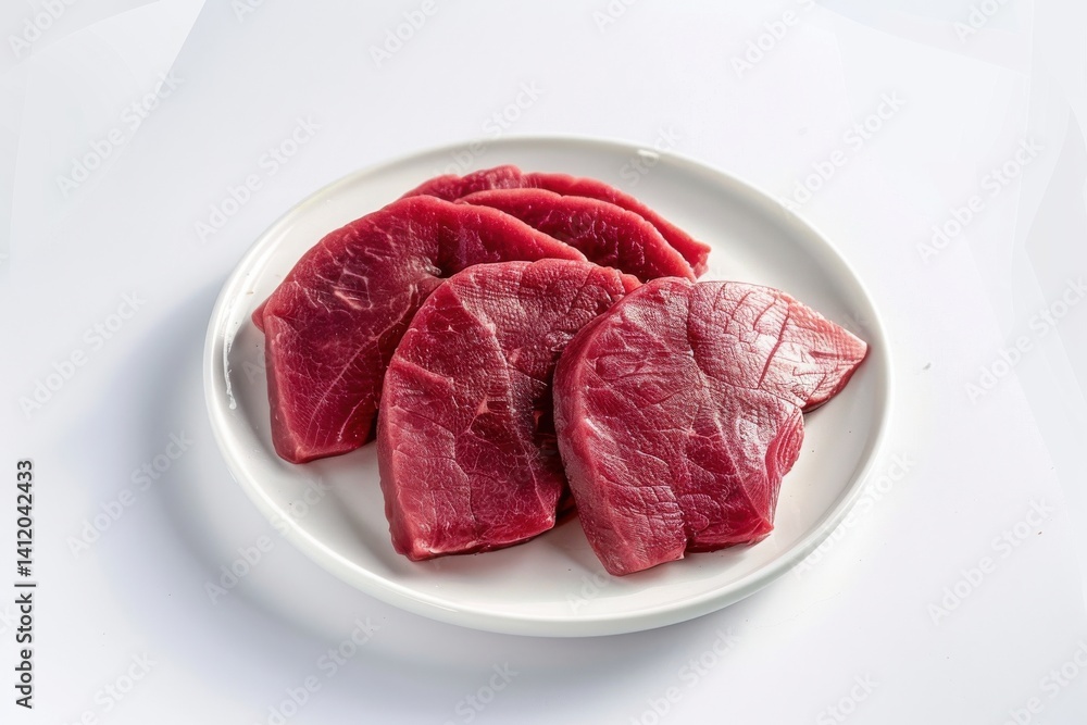 Freshly sliced premium beef cuts arranged elegantly on a white plate ready for culinary creations isolated on transparent background Freshly sliced premium beef cuts arranged elegantly on a white plate ready for culinary creations isolated on transparent background