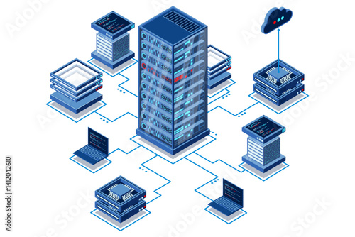 Computation of big data center. Cloud computing. Online devices upload and download information. Isometric technology