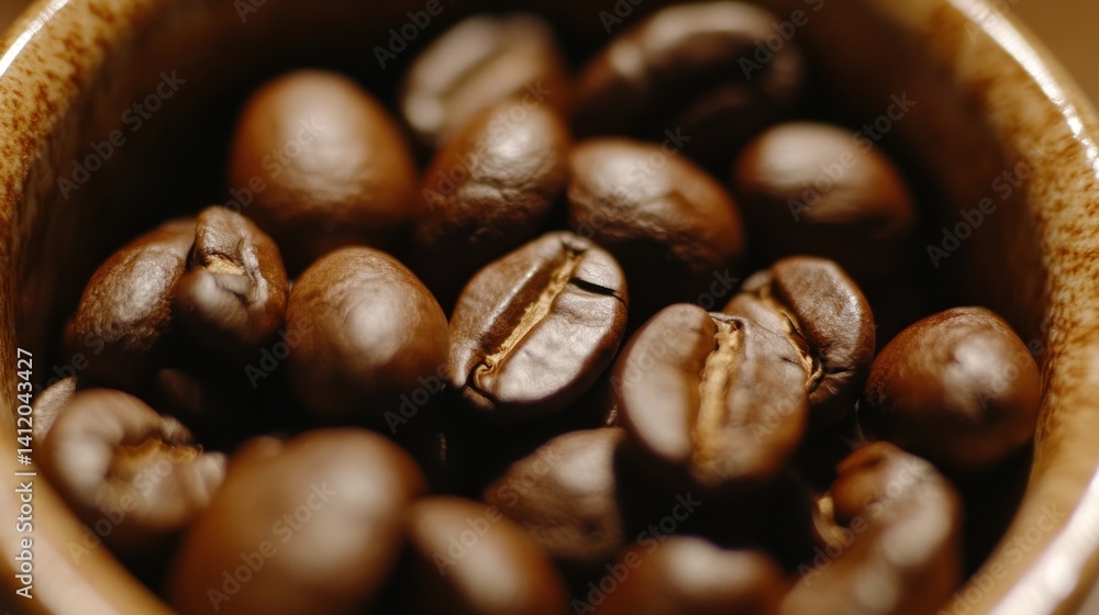 Roasted Coffee Beans in Wooden Bowl: A Close-Up Macro Shot Roasted Coffee Beans in Wooden Bowl: A Close-Up Macro Shot