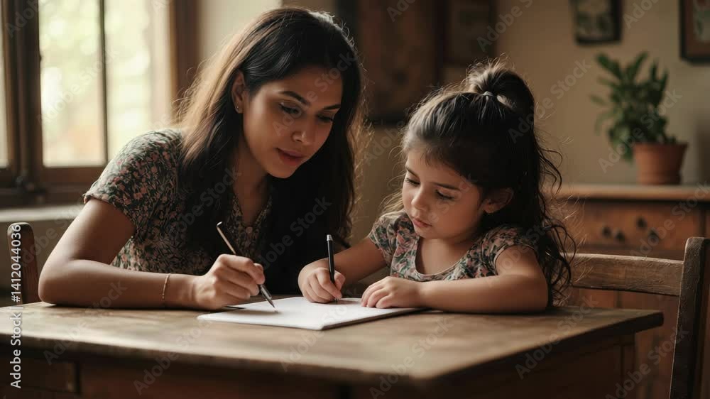 Mother and Daughter Share a Precious Moment: Learning to Write Together at a Sunny Window Mother and Daughter Share a Precious Moment: Learning to Write Together at a Sunny Window