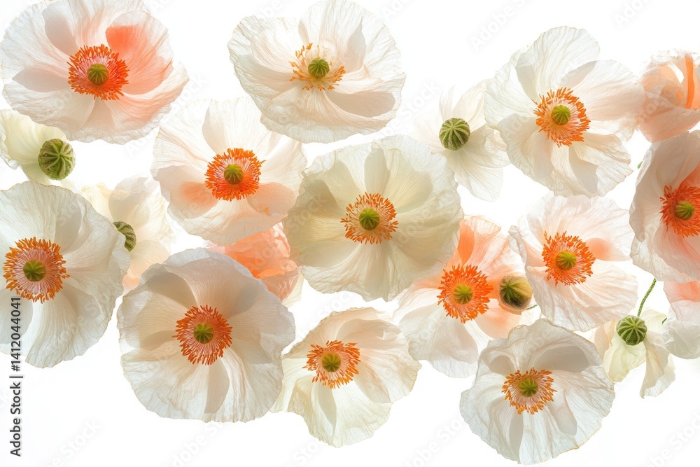 © Harsha - Delicate peach and white poppies float against a bright white background, showcasing their intricate details. © Harsha - Delicate peach and white poppies float against a bright white background, showcasing their intricate details.