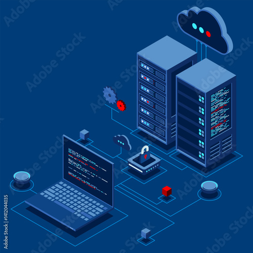 Cyber data security. Internet security isometric concept. Server room connected with laptop through protected hub. Computing internet digital technology. Isometric technology