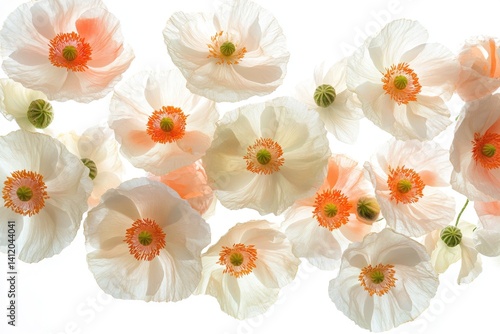 Delicate peach and white poppies float against a bright white background, showcasing their intricate details.
