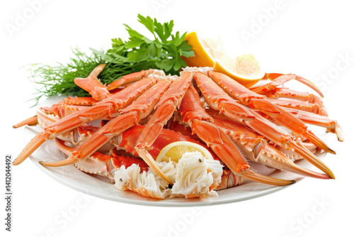 Freshly cooked crab legs garnished with lemon and herbs on a white plate ready for a seafood feast isolated on transparent background
