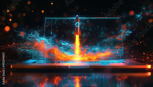 Rocket Launch from Laptop Representing Digital Startup