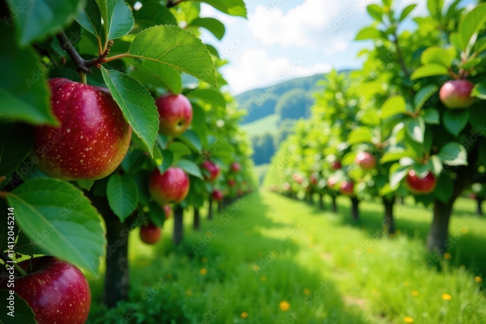 Fototapeta premium Lush green orchard with juicy apples and ripe berries amidst lush trees, fruits, orchard