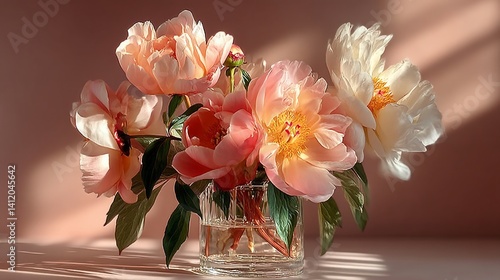 Delicate peonies in a glass vase. Soft peach and cream blossoms in a light, sunlit arrangement