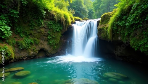 Lush vegetation surrounds a majestic waterfall with crystal clear waters flowing over moss-covered rocks, nature, moss