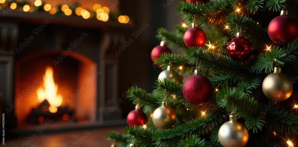 Luxurious Christmas tree with ornaments and twinkling lights against a warm fireplace backdrop, Festive Ambiance, Cozy Living Room Luxurious Christmas tree with ornaments and twinkling lights against a warm fireplace backdrop, Festive Ambiance, Cozy Living Room