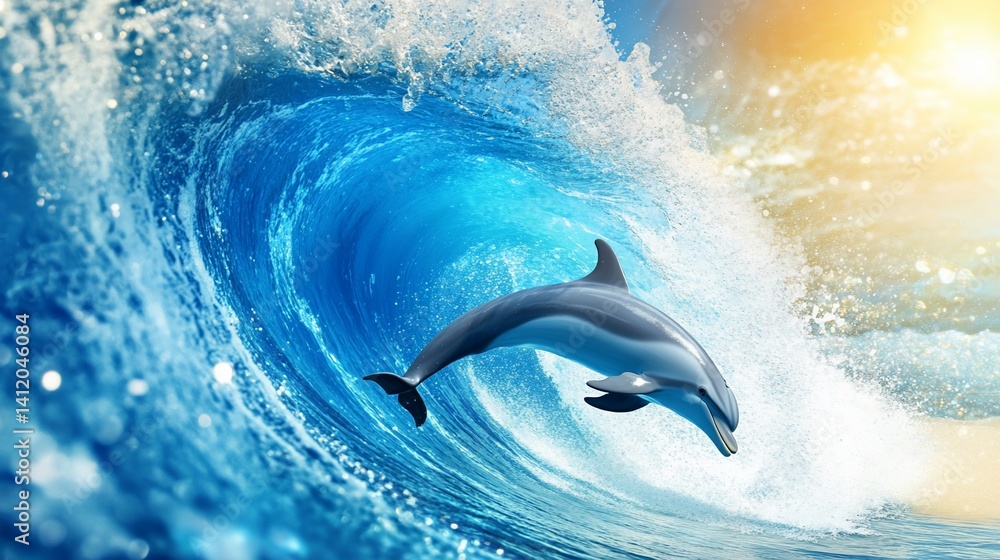 Fototapeta premium Majestic dolphin soaring through a vibrant ocean wave