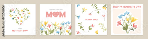 Mother's Day background Templates with Spring summer bright abstract floral design. Set of Floral poster, greeting card, cover with flowers. Bouquet and heart of colorful wildflowers. Botanical frame