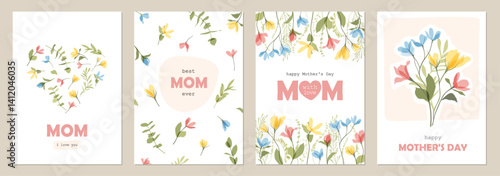 Mother's Day background Templates with Spring summer bright abstract floral design. Set of Floral poster, greeting card, cover with flowers. Bouquet and heart of colorful wildflowers. Botanical frame
