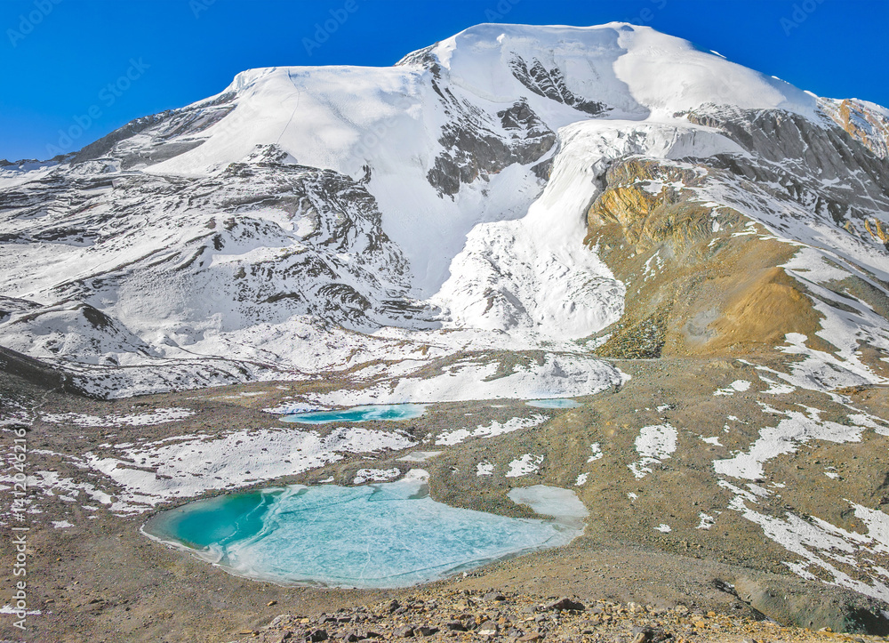 Himalayas, Nepal - The famous hiking on the roof of the world called Annapurna Circuit in the Himalaya range mountain, with little village, buddhist stupa and mountains of 8000 meters.