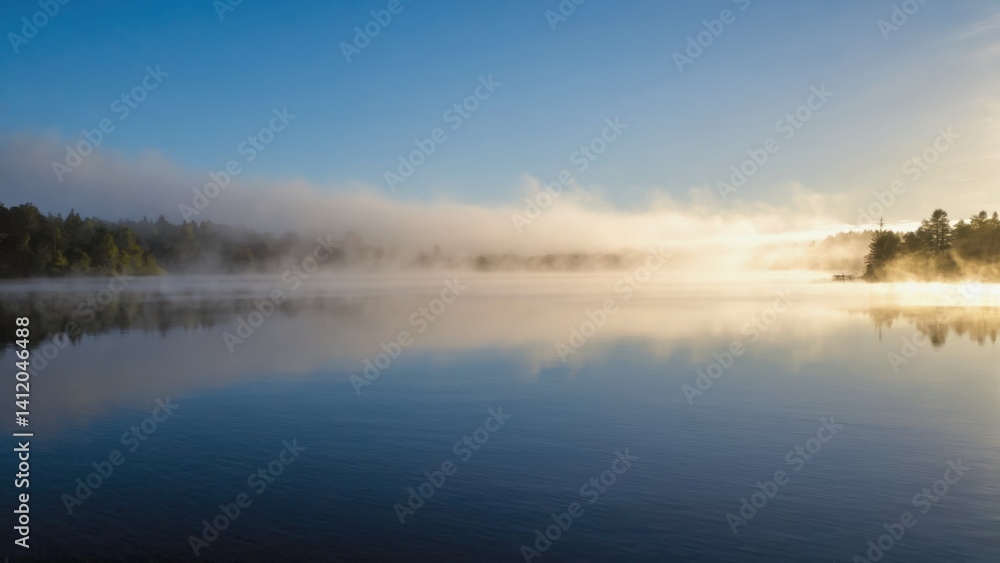 Obraz premium Breathtaking sunrise scene with misty fog on a tranquil lake, surrounded by the natural beauty of trees and nature.