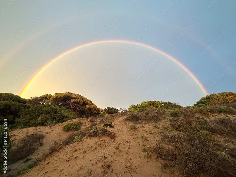 Double rainbow over a sandy dune and bushes near Cabopino, Marbella, Andalusia, Spain, March 2024