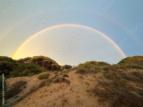 Obraz na płótnie Double rainbow over a sandy dune and bushes near Cabopino, Marbella, Andalusia, Spain, March 2024 w salonie