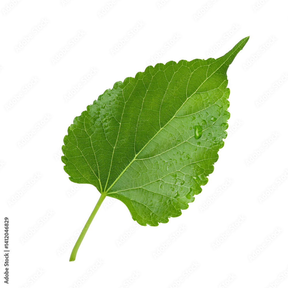 Fototapeta premium Fresh green mulberry leaf with raindrops isolated on transparent background, ideal for graphic projects