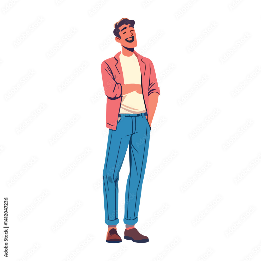 Content Smiling Man Vector: Satisfied Male Illustration, Full Body Pose Content Smiling Man Vector: Satisfied Male Illustration, Full Body Pose