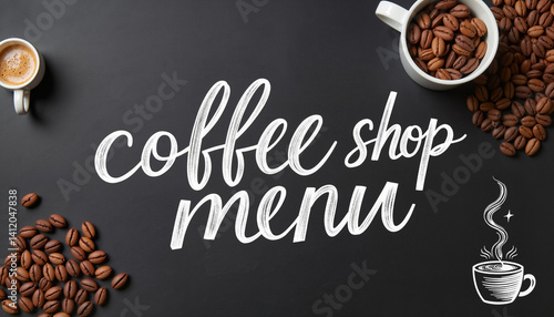 Coffee shop menu design with coffee beans and cups on a dark background