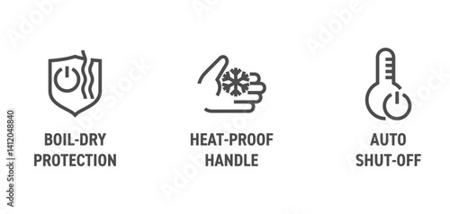 Electric kettle properties - Boil-dry protection, Heat-proof handle, Auto shut-off. Icons in bold line