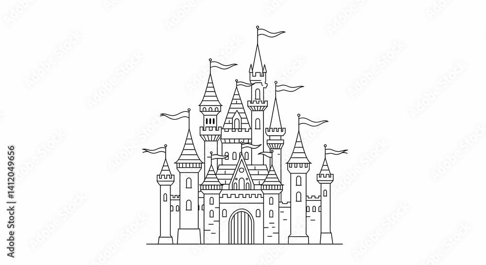 Fototapeta premium Drawing of Fairytale Castle with Flags and Towers on White Background