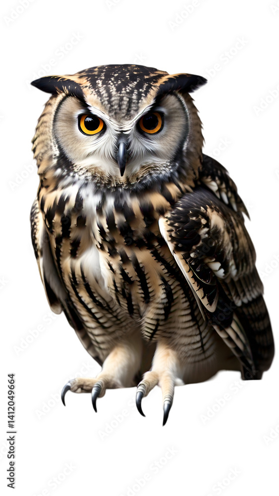 Obraz premium Owl with wings partially open, looking straight ahead, isolated on white