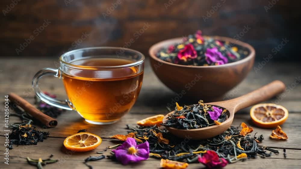 Fresh tea in a cup accompanied by different tea leaf varieties on a wooden tabletop. Fresh tea in a cup accompanied by different tea leaf varieties on a wooden tabletop.