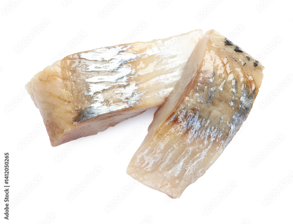 Pieces of delicious herring isolated on white, top view