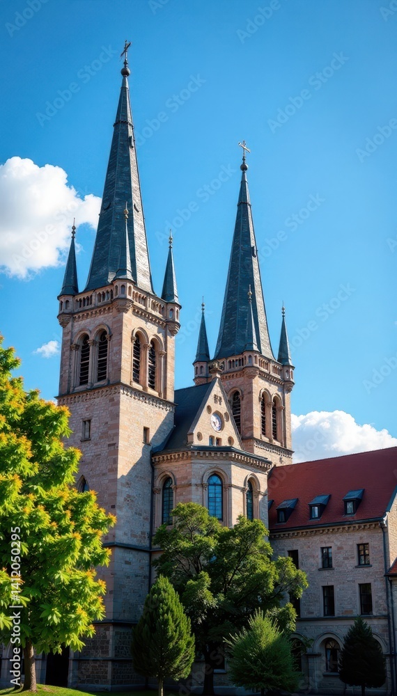 Medieval architecture with church steeples against a clear blue sky, historic buildings, skyline Medieval architecture with church steeples against a clear blue sky, historic buildings, skyline