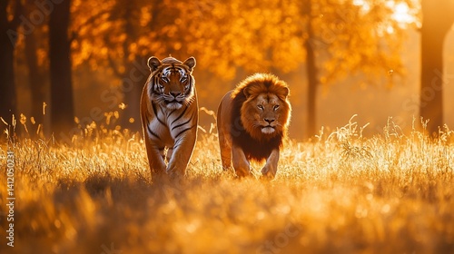 Majestic tiger and lion walk autumnal field sunset