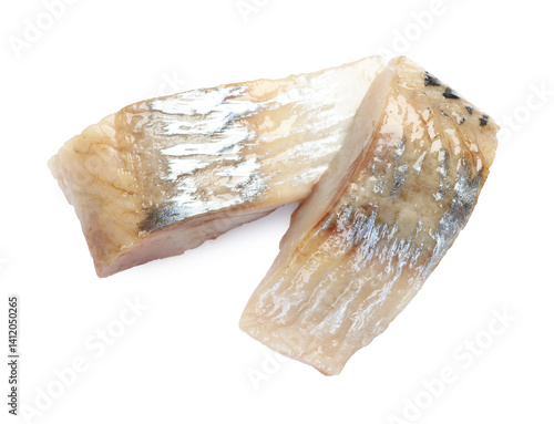 Obraz na płótnie Pieces of delicious herring isolated on white, top view w salonie